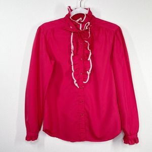Vintage Laura Mae‎ Lace Ruffle Blouse Sz 10 Red High Neck Pullover Long Sleeve